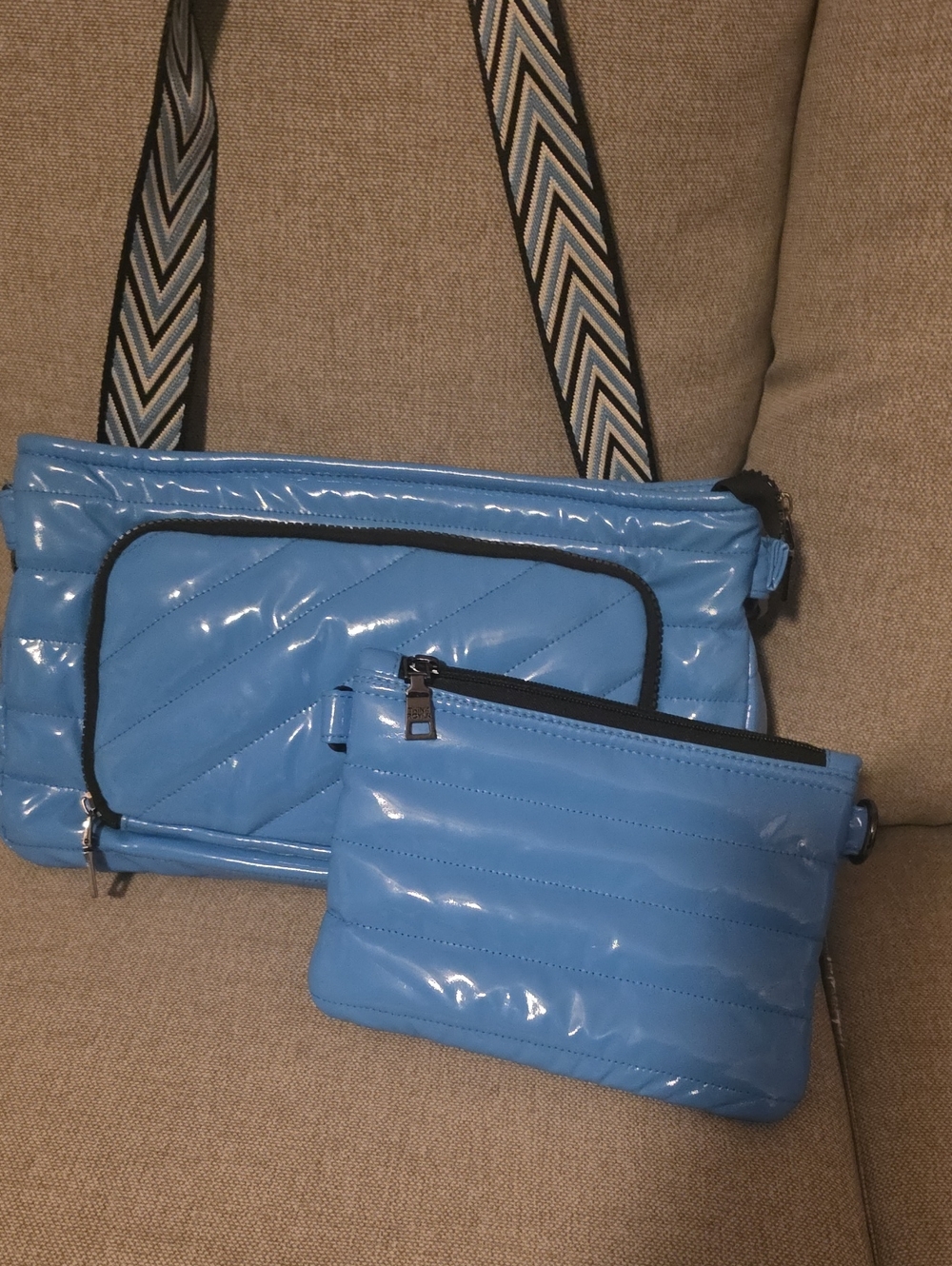 Blue Quilted Crossbody Bag with Detachable Pouch